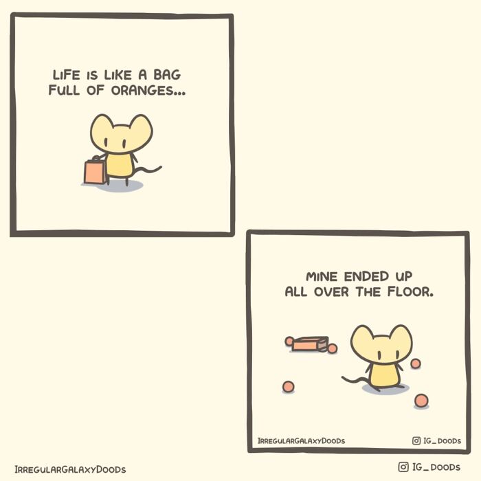 Pastel-colored comic by Irregular Galaxy Doods of a character with a bag of oranges spilling on the floor.
