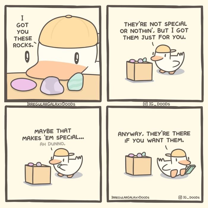 Pastel-colored comic by Irregular Galaxy Doods featuring a duck with colorful rocks, offering them in a lighthearted scene.