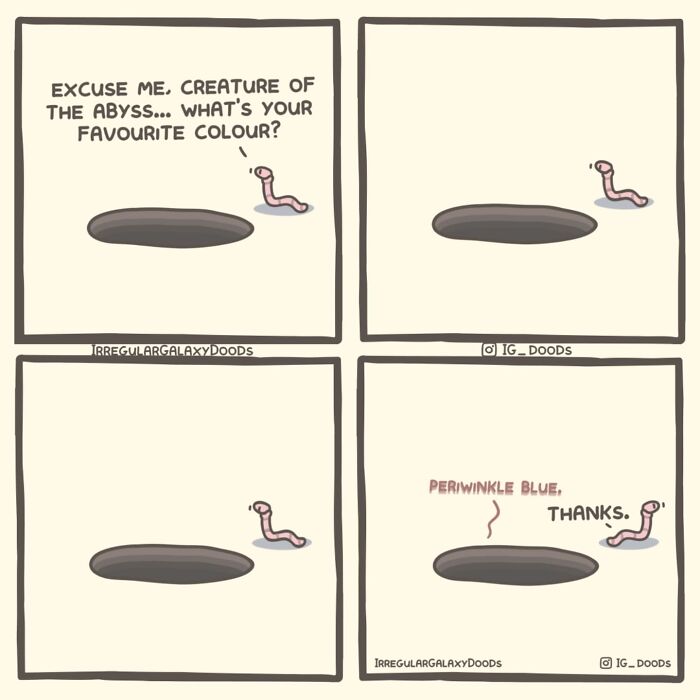 Pastel-colored comic by Irregular Galaxy Doods featuring a worm asking a question to a mysterious creature.