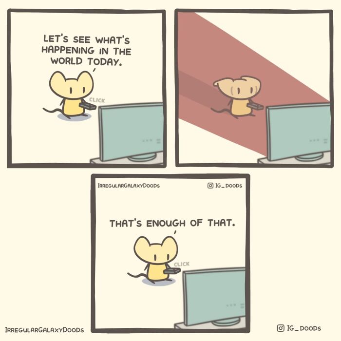Pastel-colored comic by Irregular Galaxy Doods shows a character turning off the TV after checking the news.
