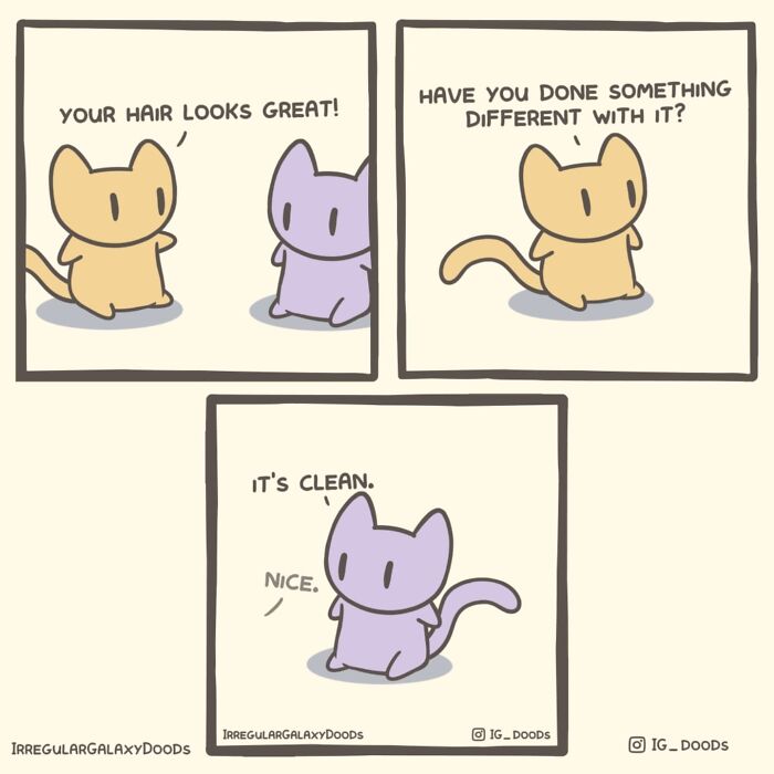 Pastel-colored witty comic by Irregular Galaxy Doods featuring two cartoon creatures discussing hair.