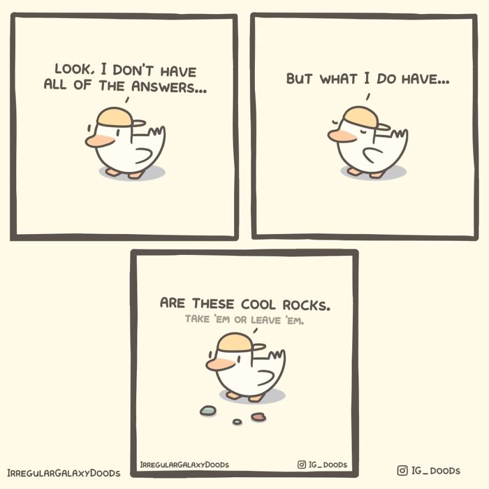 Pastel-colored comic featuring a witty duck offering cool rocks, by Irregular Galaxy Doods.