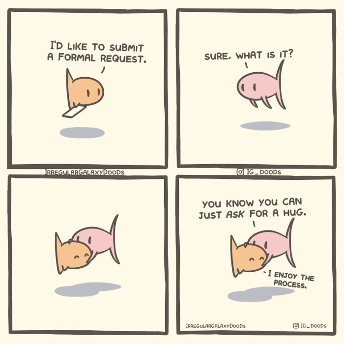 Pastel-colored comic by Irregular Galaxy Doods showing two characters discussing a hug request.