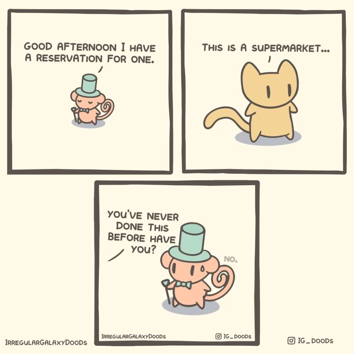 Pastel-colored comic by Irregular Galaxy Doods with a witty reservation joke in a supermarket.