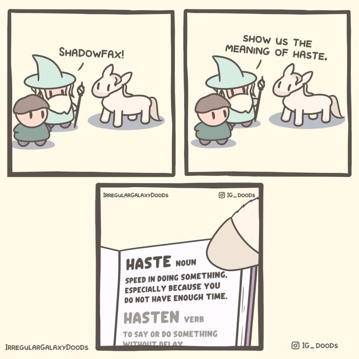 Pastel-colored witty comic by Irregular Galaxy Doods featuring characters discussing haste with a definition.