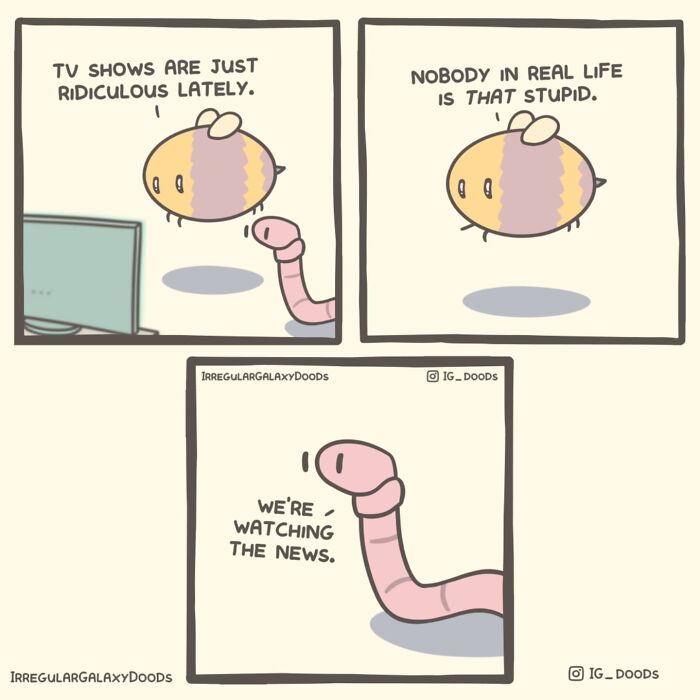 Pastel-colored comic by Irregular Galaxy Doods featuring a conversation about TV shows and news.