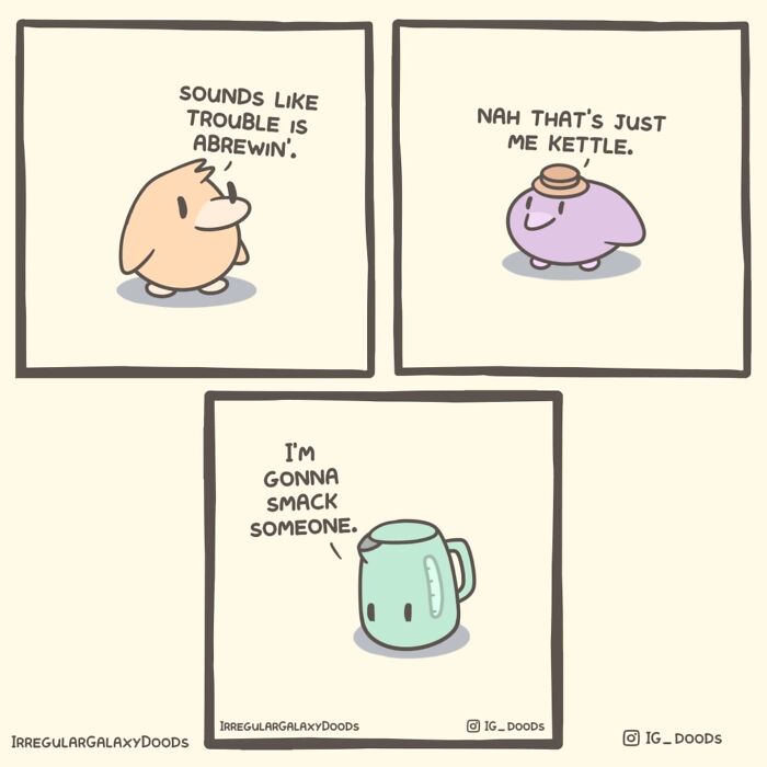 Pastel-colored witty comic featuring characters with humorous dialogue by Irregular Galaxy Doods.