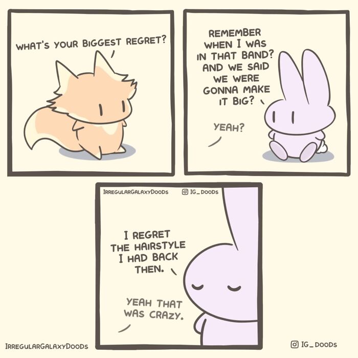 Pastel-colored witty comic with characters discussing regrets about a band and a hairstyle.