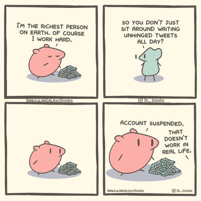 Pastel-colored witty comic by Irregular Galaxy Doods featuring two characters discussing social media behavior.