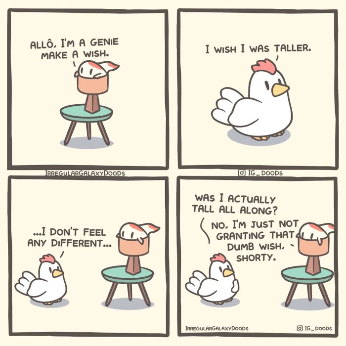 Pastel-colored witty comic by Irregular Galaxy Doods featuring a genie and a chicken discussing a wish to be taller.