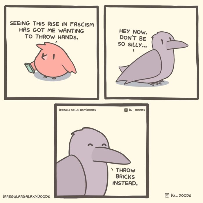 Pastel-colored witty comic by Irregular Galaxy Doods featuring a bird conversation about resistance.