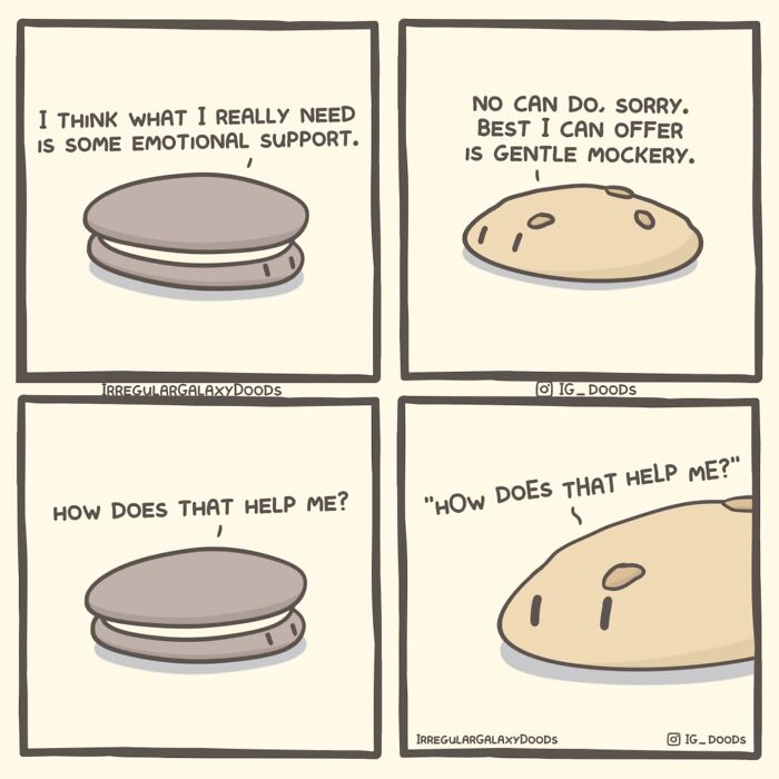 Pastel-colored comic by Irregular Galaxy Doods featuring two characters discussing emotional support and gentle mockery.