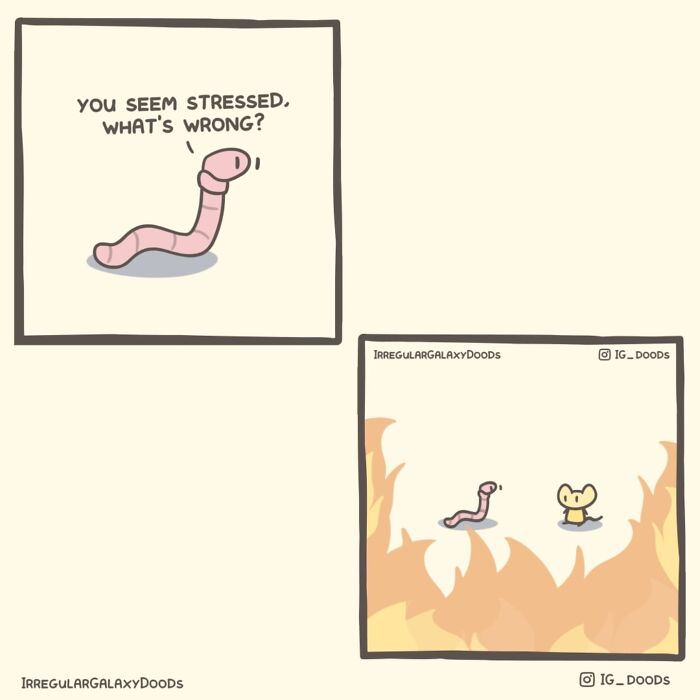 Pastel-colored comic by Irregular Galaxy Doods featuring a worm and a mouse in a fire setting.
