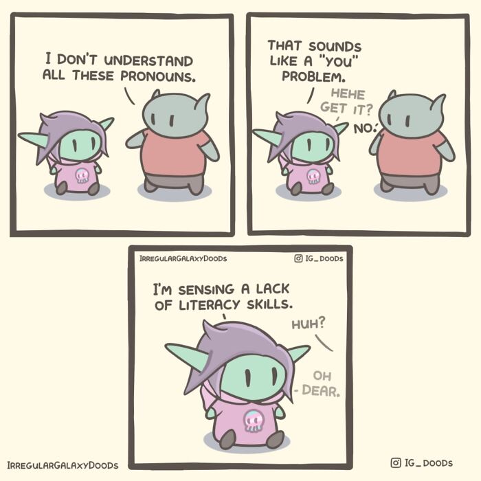 Pastel-colored comic by Irregular Galaxy Doods featuring two characters discussing pronouns and literacy skills.