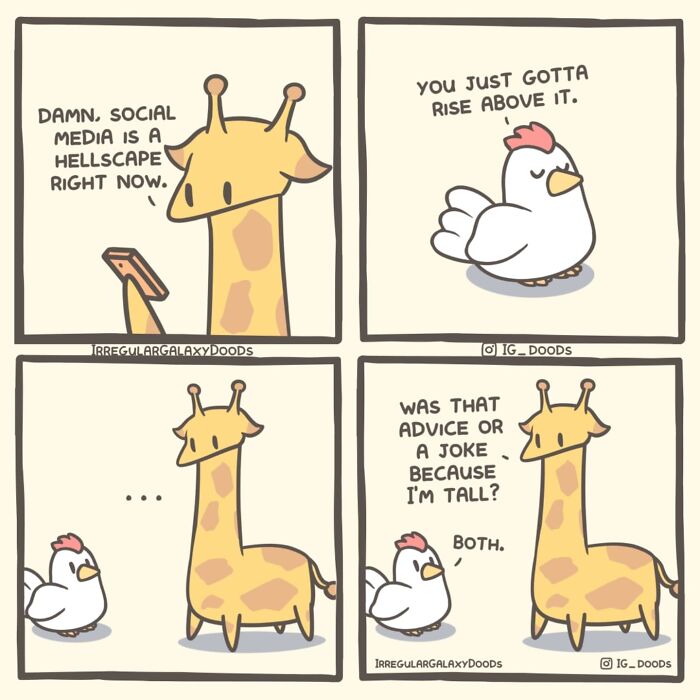 Pastel-colored comic by Irregular Galaxy Doods with a giraffe and chicken having a witty conversation.