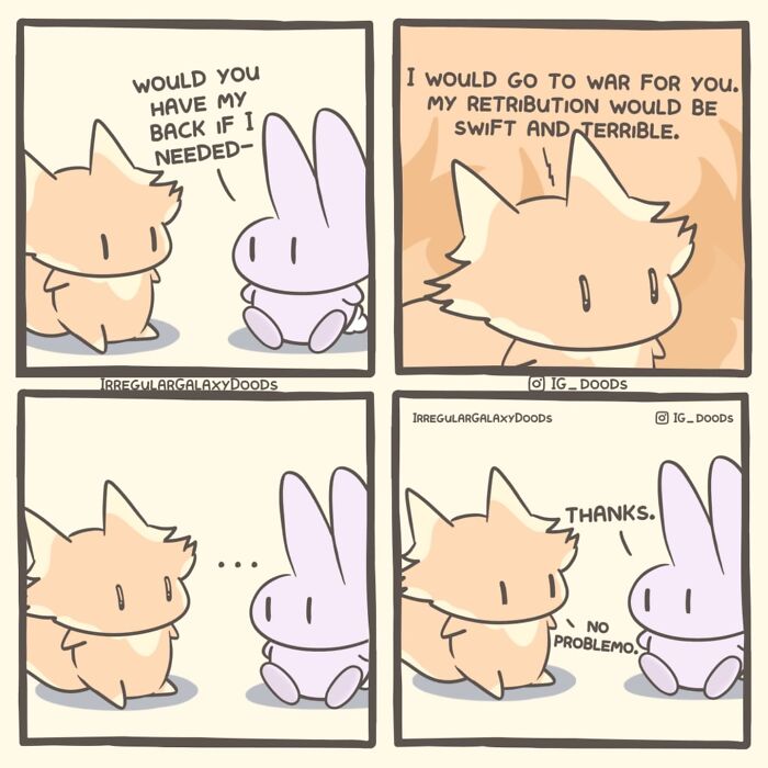 Pastel-colored witty comic by Irregular Galaxy Doods, featuring cute animal characters having a humorous conversation.