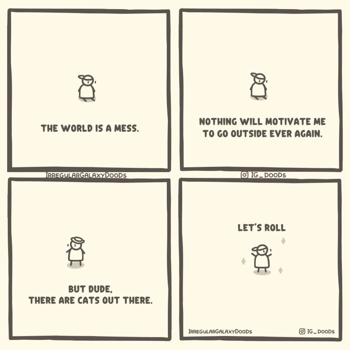 Pastel-colored witty comic by Irregular Galaxy Doods featuring a character discussing motivation and cats.