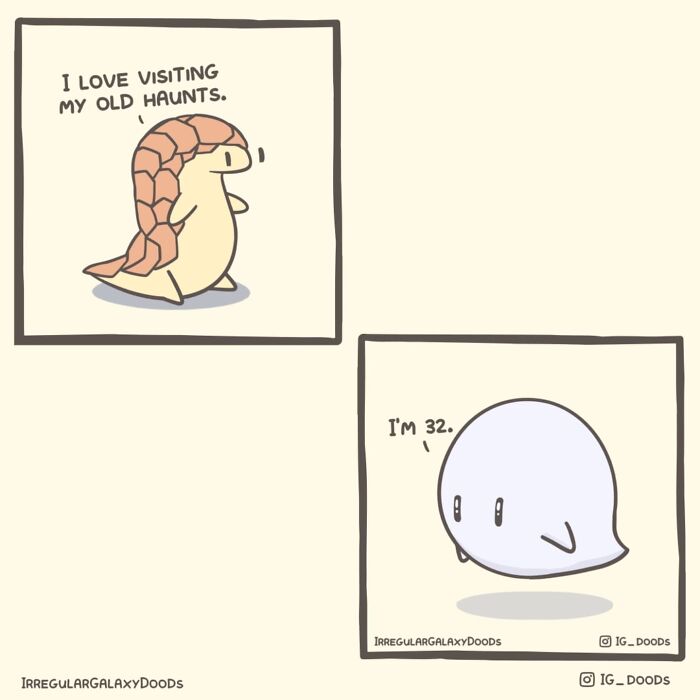 Pastel-colored witty comic by Irregular Galaxy Doods featuring a pangolin and a ghost.