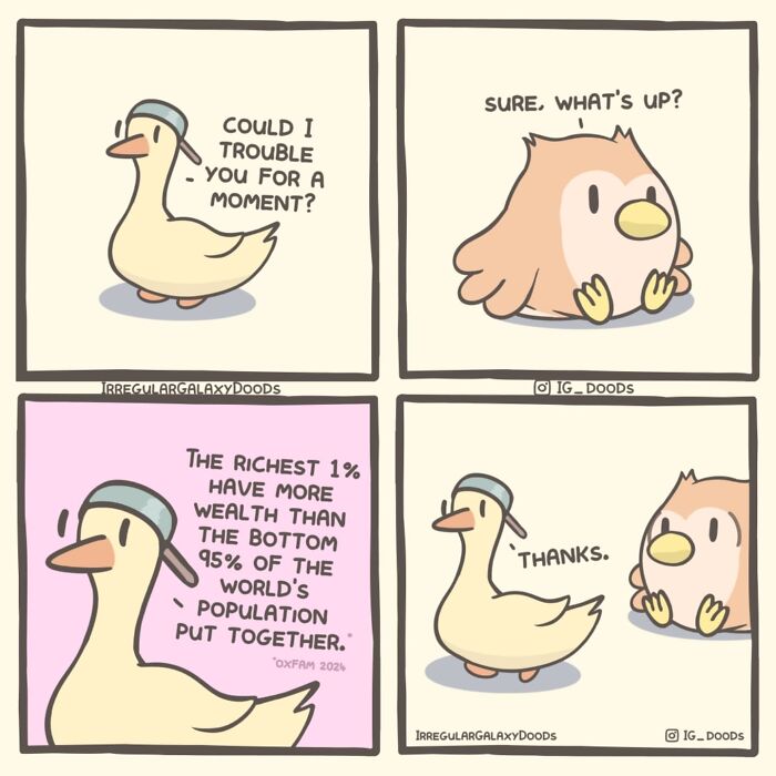 Pastel-colored comic by Irregular Galaxy Doods featuring a duck and bird discussing wealth inequality.
