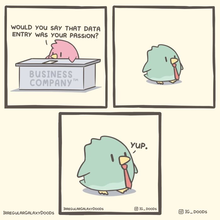Pastel-colored comic by Irregular Galaxy Doods featuring a humorous bird in a business setting discussing data entry passion.