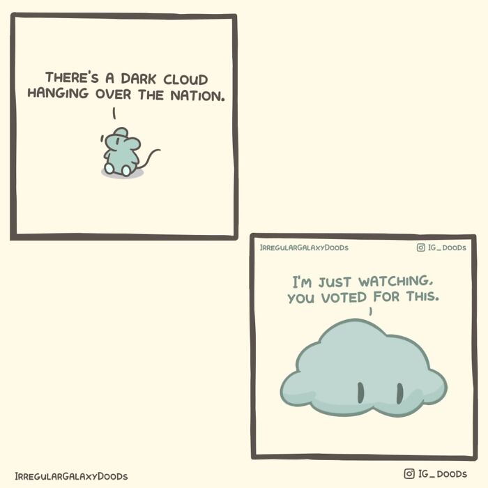 Pastel comic by Irregular Galaxy Doods featuring a mouse and a witty cloud dialogue.
