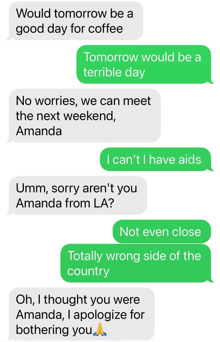 Text conversation showing funny messages sent to wrong recipient about coffee plans.