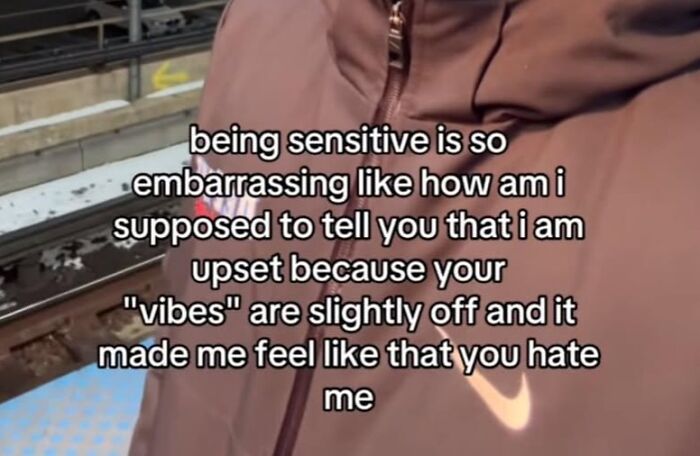 Person in a brown jacket with text about being sensitive, capturing humor in mental health memes.