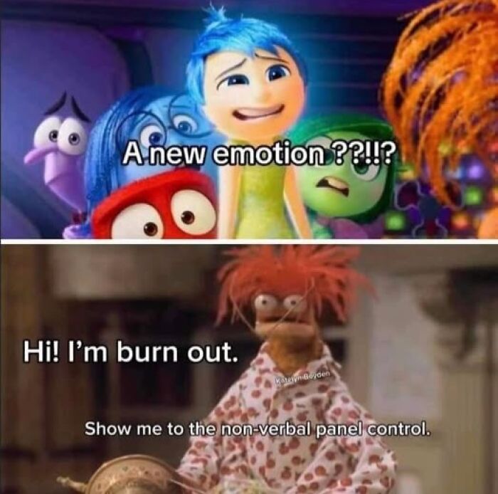 Characters reacting humorously to new emotions; mental health memes highlighting burnout.