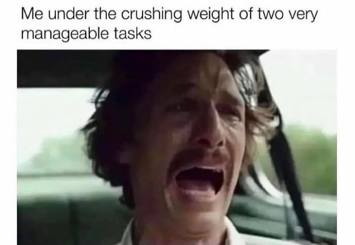 Person in a car looking overwhelmed, as text humorously relates to mental health challenges of simple tasks.