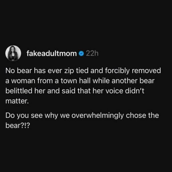 Text from user "fakeadultmom" highlights sexism with a metaphor about bears never mistreating women in town halls.