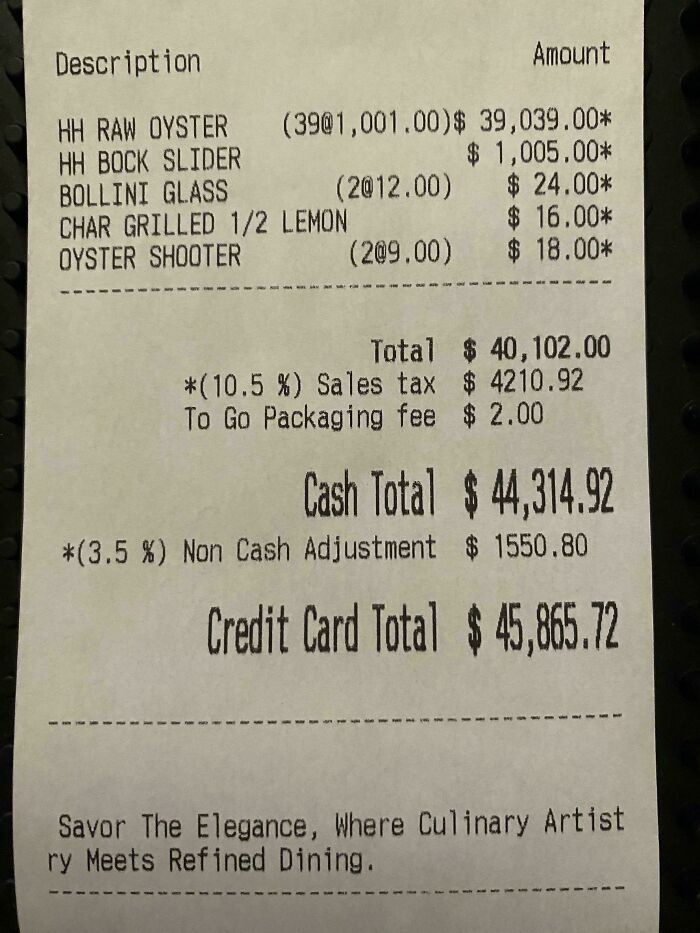 Receipt with high-priced items, including raw oysters and sliders, totaling over $45,000, showcasing interesting receipts people found.