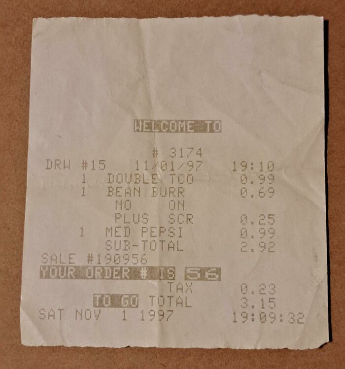 A vintage receipt from 1997 showing items like a taco and bean burrito, illustrating interesting receipts people found.