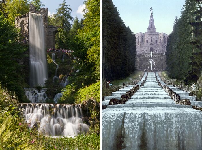 Two beautiful, yet useless buildings surrounded by waterfalls and lush greenery.