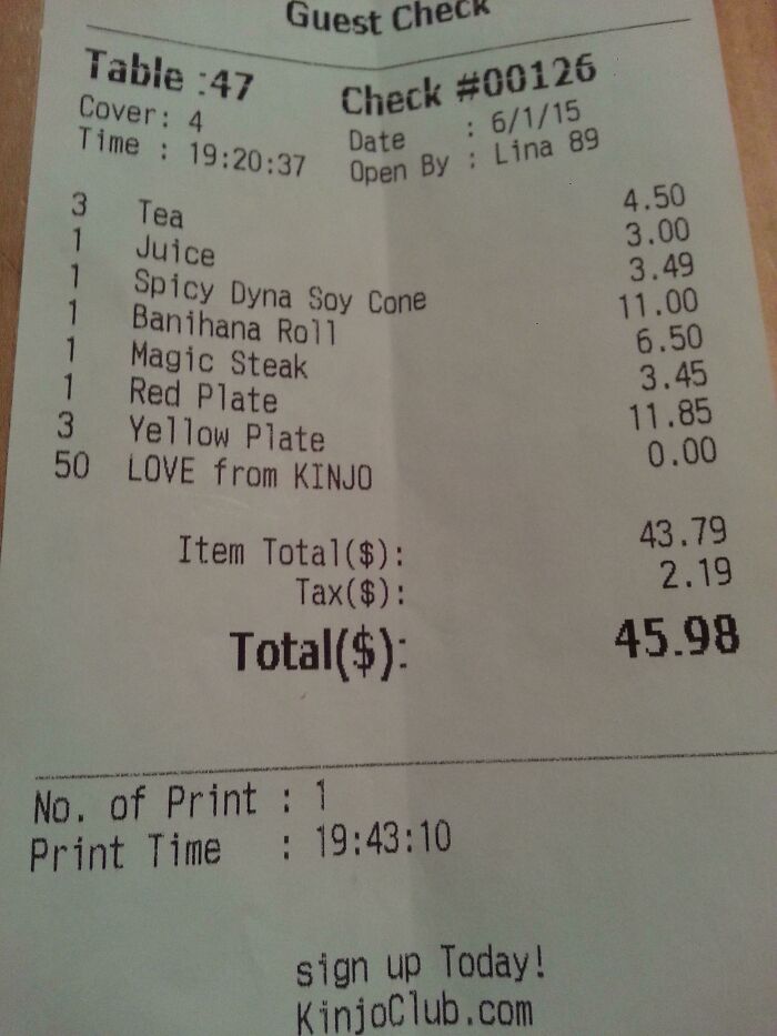 Interesting receipt with items like Magic Steak and 50 LOVE from KINJO, totaling $45.98.