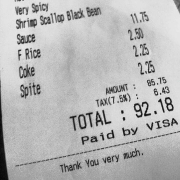 Receipt with shrimp scallop black bean dish, showing total $92.18, paid by Visa. Interesting receipts people found.