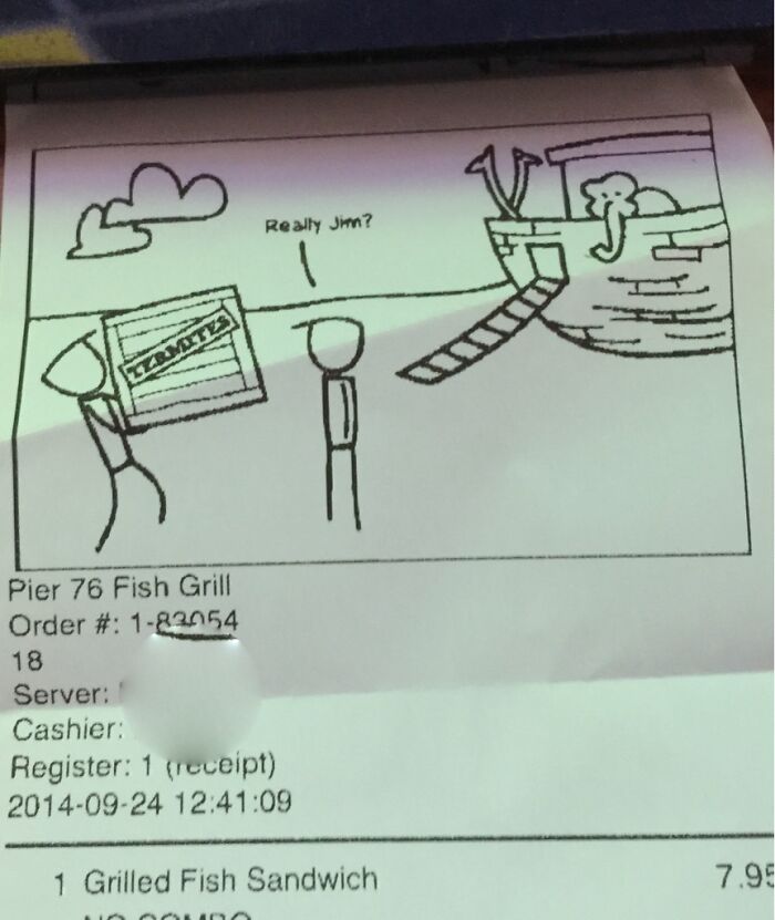 Cartoon on an interesting receipt from Pier 76 Fish Grill showing Noah's Ark scene with stick figures and animals.