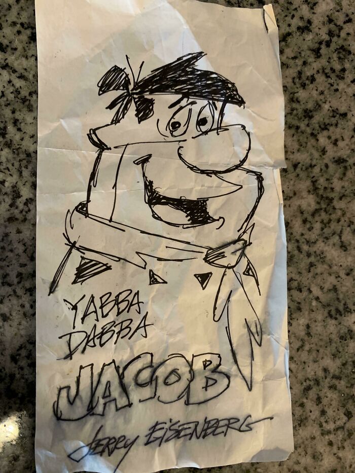 Sketch of a cartoon character on crumpled paper with handwritten notes; an example of interesting receipts people found.