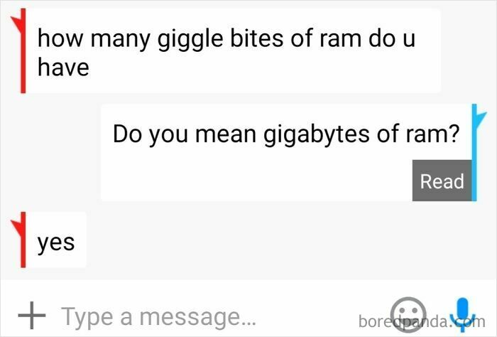 Text exchange with a humorous spelling error: "giggle bites" instead of "gigabytes," triggering grammar police reactions.