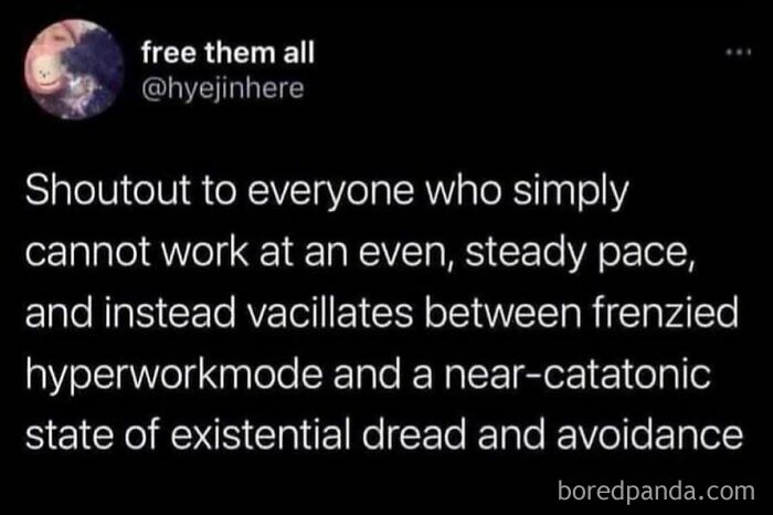 Tweet meme about struggling to work steadily, highlighting hyperworkmode and avoidance, from Humorous Resources.