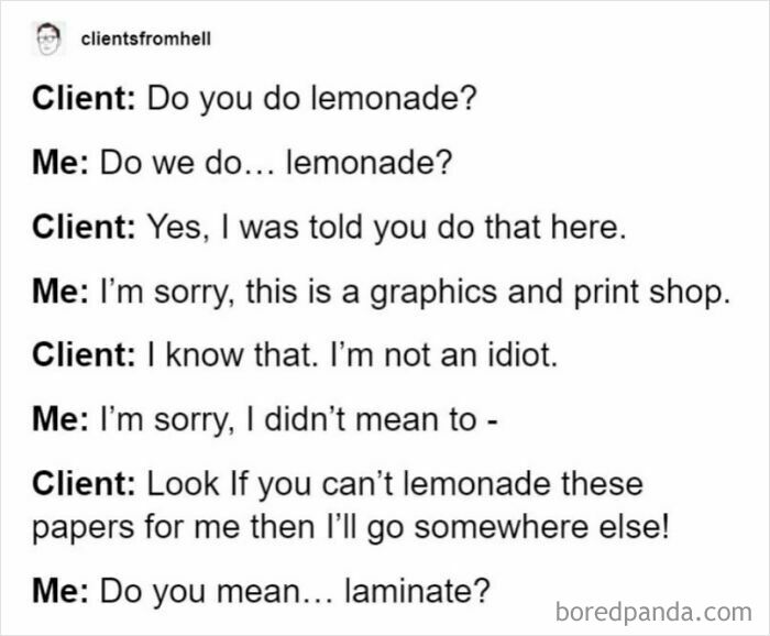 Humorous text exchange highlighting ridiculous word spellings, with a client confusing "laminate" for "lemonade."