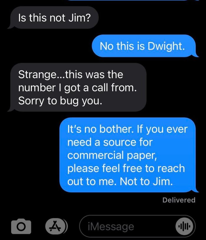 Text conversation showing funny wrong recipient messages about mistaken identity with Jim and Dwight.