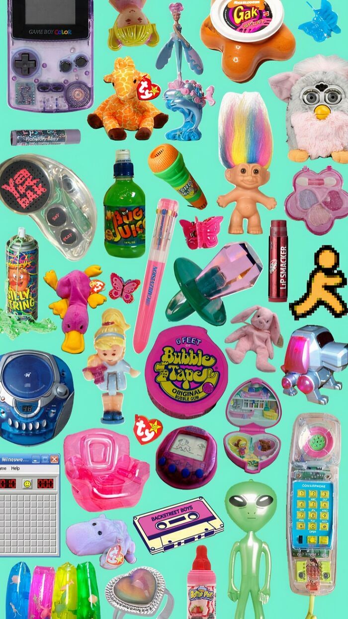 Collection of wild '90s toys and gadgets, featuring a Game Boy, Troll doll, and Bubble Tape on a teal background.