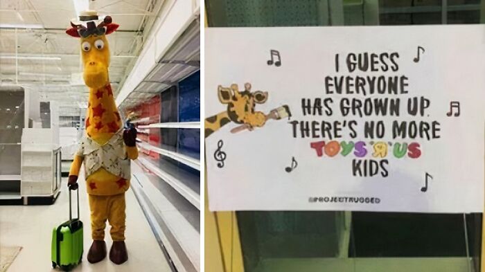 Giraffe mascot with suitcase at an empty store beside a sign about Toys R Us, celebrating the wild ’90s nostalgia.
