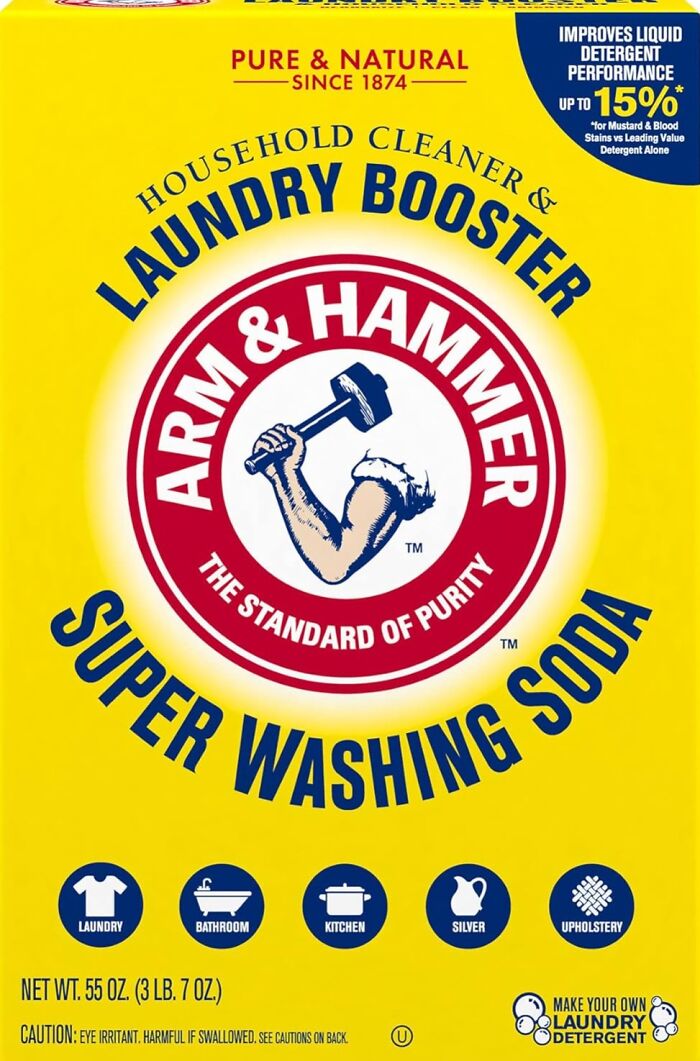 Arm & Hammer Super Washing Soda, ideal for spring cleaning headstart, shown in yellow packaging with usage icons.