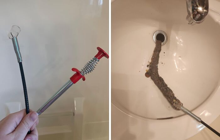 Drain cleaning tool and unclogged hair from sink, demonstrating an effective spring cleaning headstart.