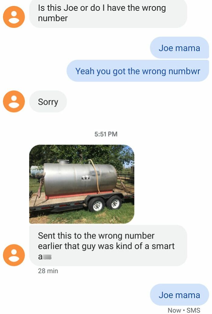 Text conversation with a funny reply revealing a wrong recipient, featuring an image of a tank on a trailer.