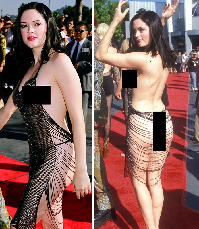 Celebrity in a daring black dress on the red carpet, drawing attention and discomfort.