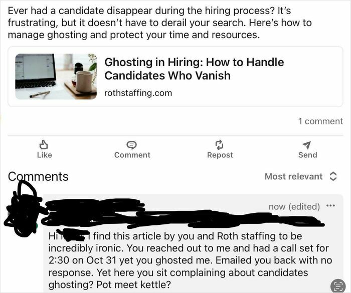 LinkedIn post about recruiting challenges, discussing ghosting in hiring and ironic comment on employer behavior.