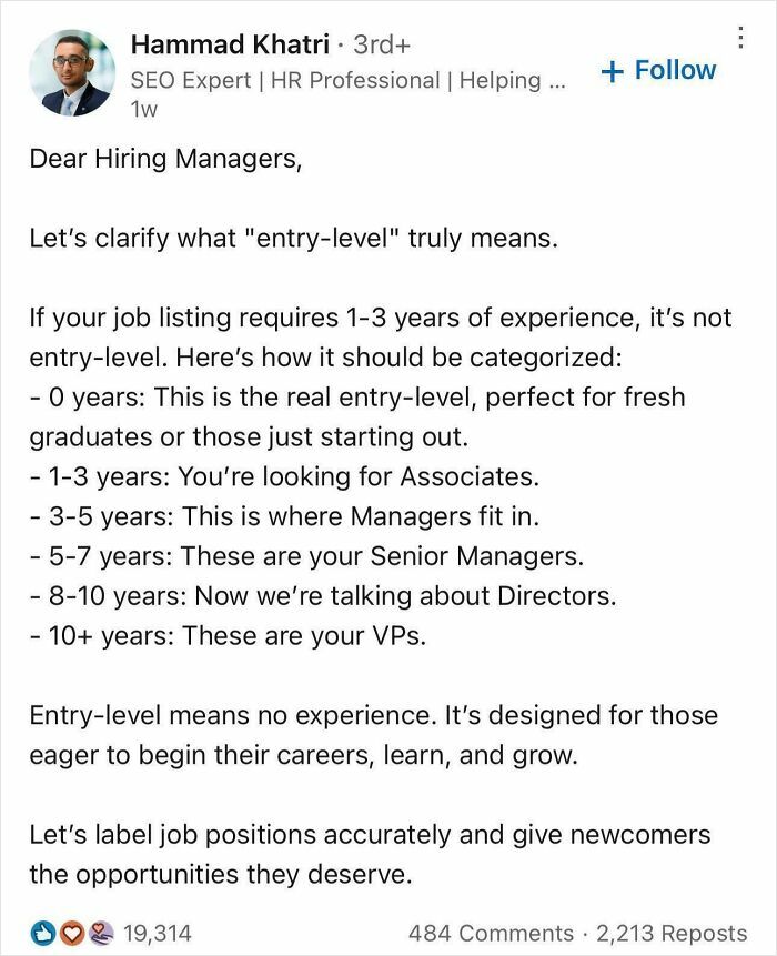 Post discussing common recruiting misconceptions about entry-level job requirements.