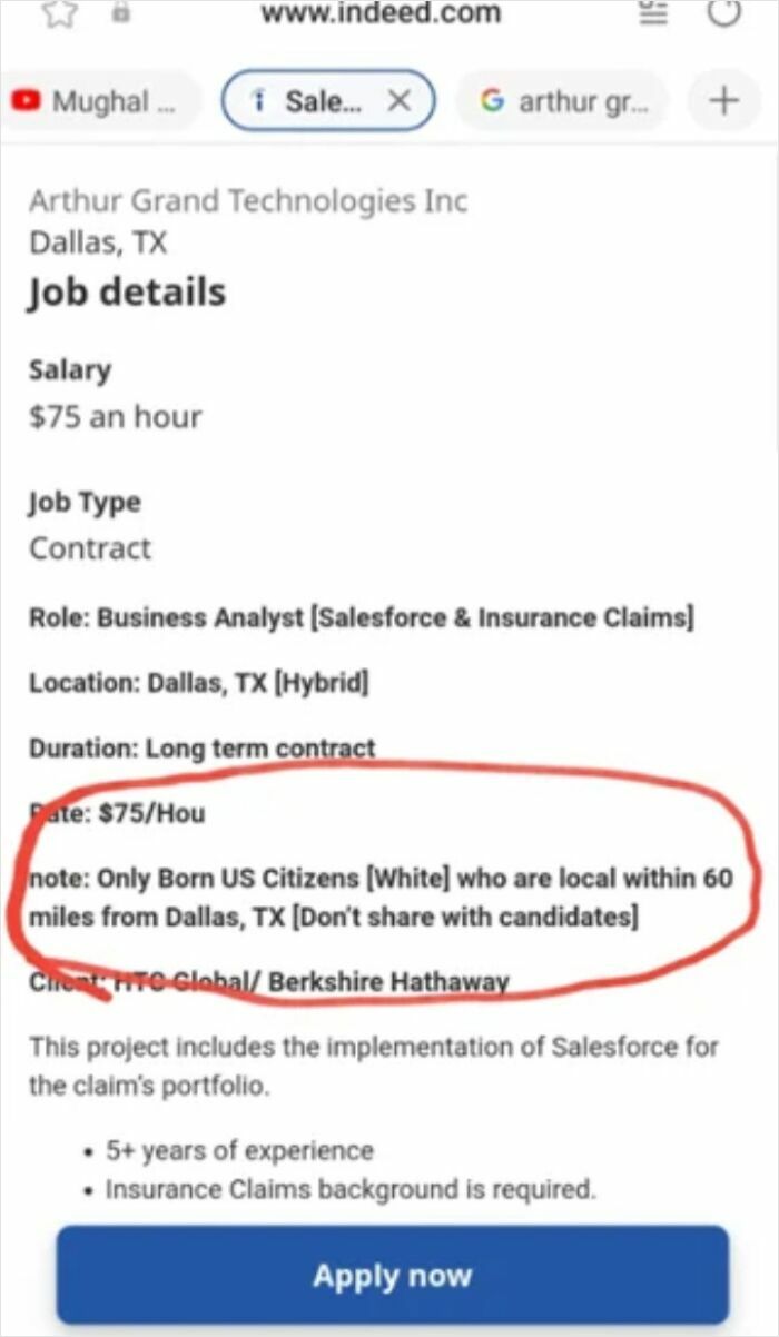 Job listing highlighting discriminatory note, reflecting recruiting hell issues in hiring practices.